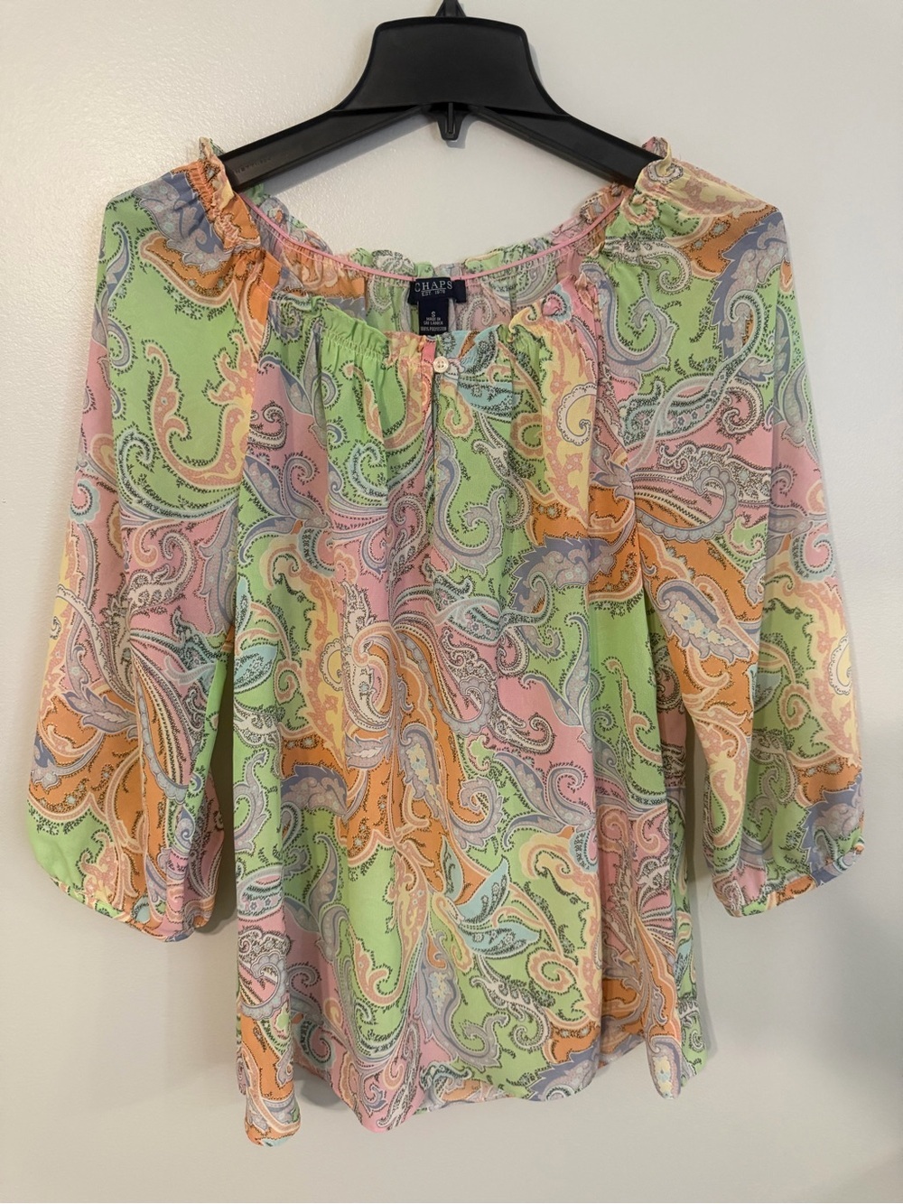 Chaps Womens Multi color Pastel Paisley Peasant Blouse 3/4 sleeves size small